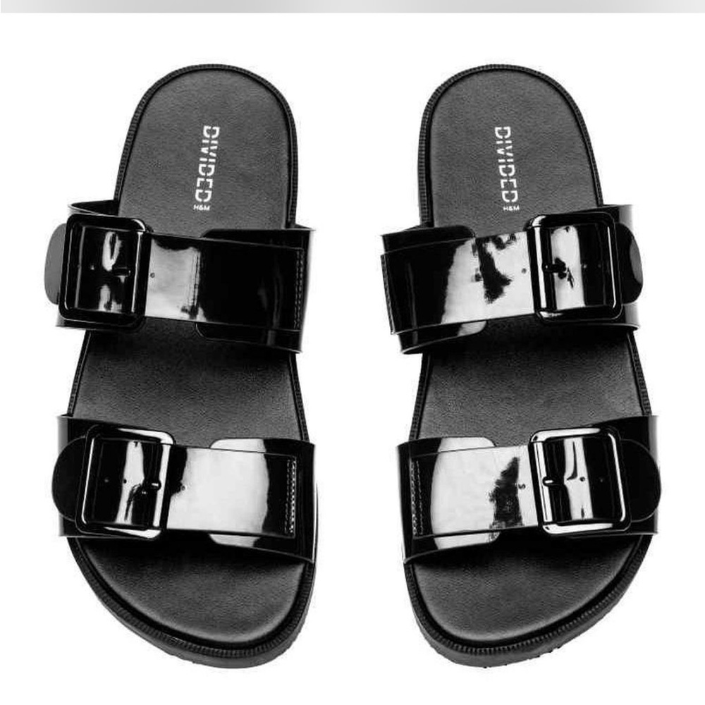Divided Glossy Black Buckle Slides